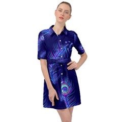 Seamless Pattern With Colorful Peacock Feathers Dark Blue Background Belted Shirt Dress