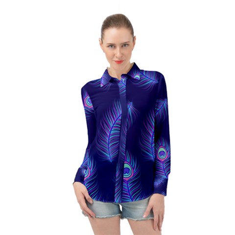 Seamless Pattern With Colorful Peacock Feathers Dark Blue Background Long Sleeve Chiffon Shirt by Vaneshart