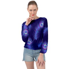 Seamless Pattern With Colorful Peacock Feathers Dark Blue Background Banded Bottom Chiffon Top