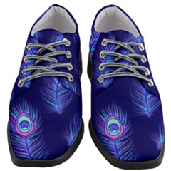 Seamless Pattern With Colorful Peacock Feathers Dark Blue Background Women Heeled Oxford Shoes