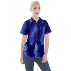 Seamless Pattern With Colorful Peacock Feathers Dark Blue Background Women s Short Sleeve Pocket Shirt