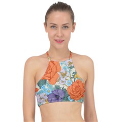 Vintage Floral Vector Seamless Pattern With Roses Racer Front Bikini Top