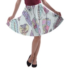 Vector Illustration Seamless Multicolored Pattern Feathers Birds A-line Skater Skirt by Vaneshart