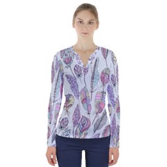 Vector Illustration Seamless Multicolored Pattern Feathers Birds V-neck Long Sleeve Top by Vaneshart