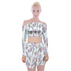 Vector Illustration Seamless Multicolored Pattern Feathers Birds Off Shoulder Top With Mini Skirt Set by Vaneshart