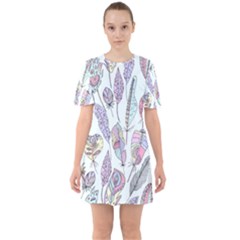 Vector Illustration Seamless Multicolored Pattern Feathers Birds Sixties Short Sleeve Mini Dress by Vaneshart