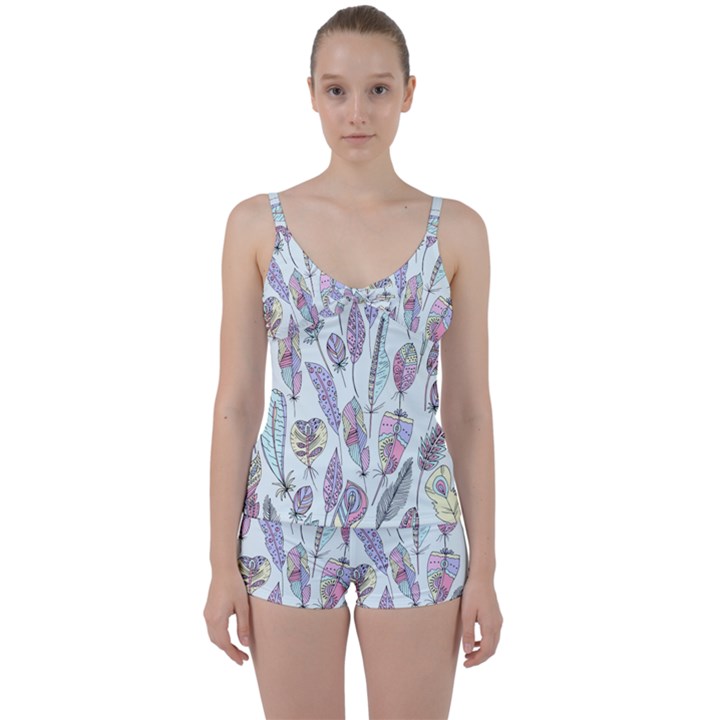 Vector Illustration Seamless Multicolored Pattern Feathers Birds Tie Front Two Piece Tankini