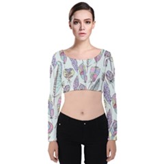 Vector Illustration Seamless Multicolored Pattern Feathers Birds Velvet Long Sleeve Crop Top by Vaneshart