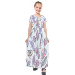 Vector Illustration Seamless Multicolored Pattern Feathers Birds Kids  Short Sleeve Maxi Dress by Vaneshart