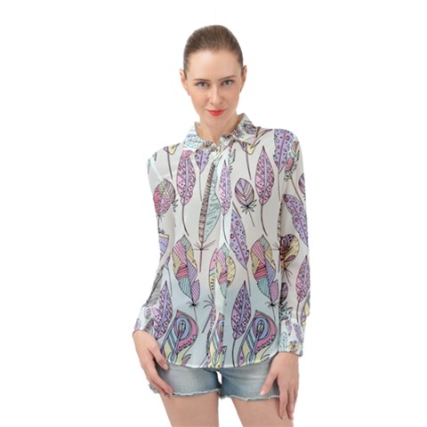 Vector Illustration Seamless Multicolored Pattern Feathers Birds Long Sleeve Chiffon Shirt by Vaneshart