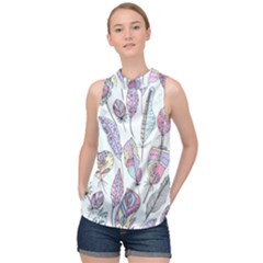 Vector Illustration Seamless Multicolored Pattern Feathers Birds High Neck Satin Top by Vaneshart