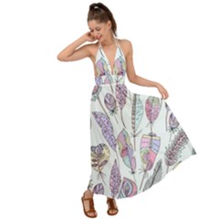 Vector Illustration Seamless Multicolored Pattern Feathers Birds Backless Maxi Beach Dress