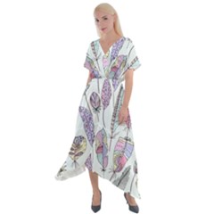 Vector Illustration Seamless Multicolored Pattern Feathers Birds Cross Front Sharkbite Hem Maxi Dress