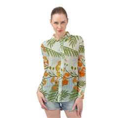 Peacock Flower Seamless Pattern Long Sleeve Chiffon Shirt