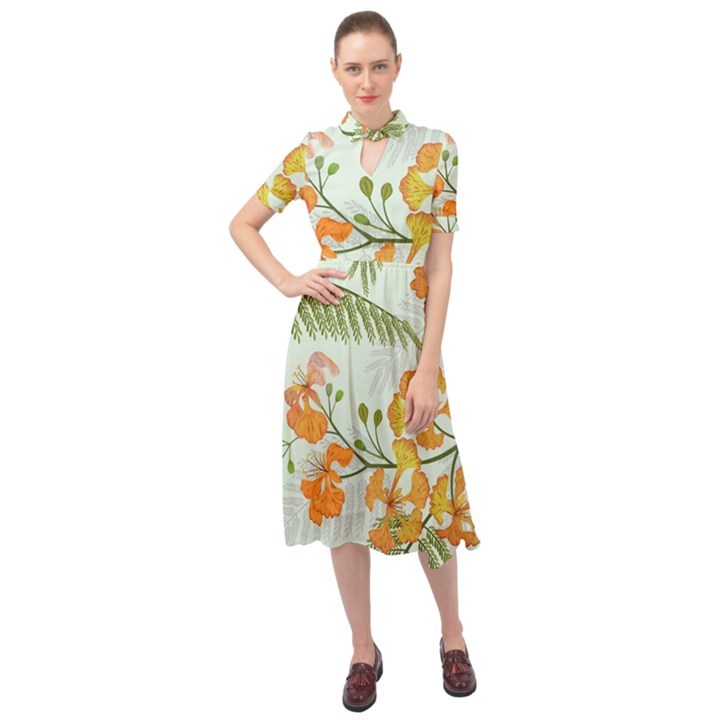 Peacock Flower Seamless Pattern Keyhole Neckline Chiffon Dress