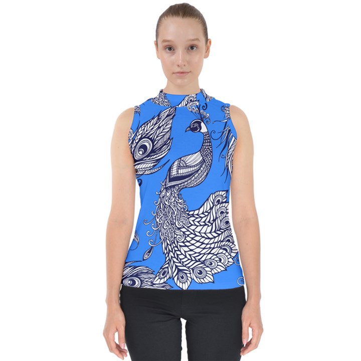 Peacock Bird Feathers Seamless Background Pattern Mock Neck Shell Top