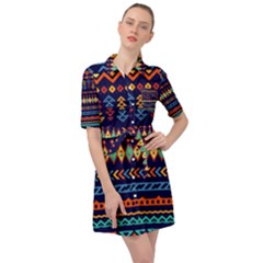 Decorative Pattern Ethnic Style Belted Shirt Dress