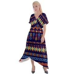 Decorative Pattern Ethnic Style Cross Front Sharkbite Hem Maxi Dress