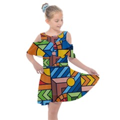 Colorful Geometric Mosaic Background Kids  Shoulder Cutout Chiffon Dress