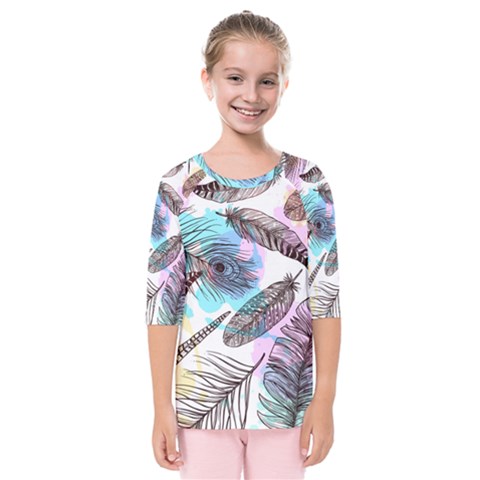 Hand Drawn Feathers Seamless Pattern Kids  Quarter Sleeve Raglan Tee by Vaneshart