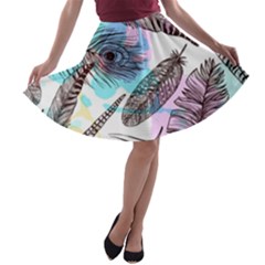 Hand Drawn Feathers Seamless Pattern A-line Skater Skirt by Vaneshart