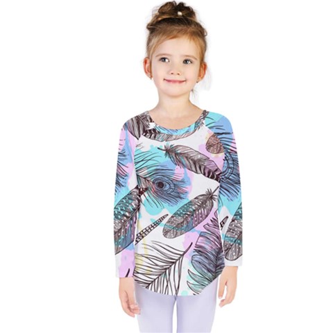 Hand Drawn Feathers Seamless Pattern Kids  Long Sleeve Tee by Vaneshart