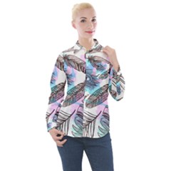 Hand Drawn Feathers Seamless Pattern Women s Long Sleeve Pocket Shirt