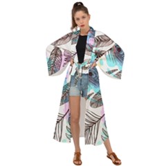 Hand Drawn Feathers Seamless Pattern Maxi Kimono