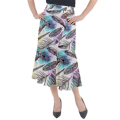 Hand Drawn Feathers Seamless Pattern Midi Mermaid Skirt