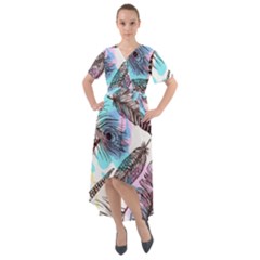 Hand Drawn Feathers Seamless Pattern Front Wrap High Low Dress