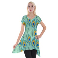 Lovely Peacock Feather Pattern With Flat Design Short Sleeve Side Drop Tunic by Vaneshart