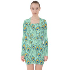 Lovely Peacock Feather Pattern With Flat Design V-neck Bodycon Long Sleeve Dress by Vaneshart