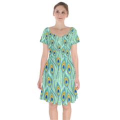 Lovely Peacock Feather Pattern With Flat Design Short Sleeve Bardot Dress by Vaneshart