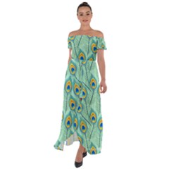 Lovely Peacock Feather Pattern With Flat Design Off Shoulder Open Front Chiffon Dress