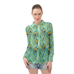 Lovely Peacock Feather Pattern With Flat Design Long Sleeve Chiffon Shirt