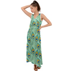 Lovely Peacock Feather Pattern With Flat Design V-neck Chiffon Maxi Dress by Vaneshart