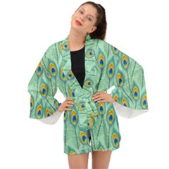 Lovely Peacock Feather Pattern With Flat Design Long Sleeve Kimono