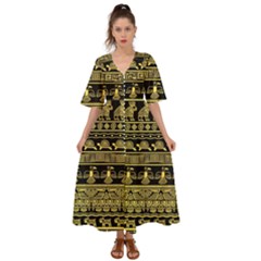 Tribal Gold Seamless Pattern With Mexican Texture Kimono Sleeve Boho Dress