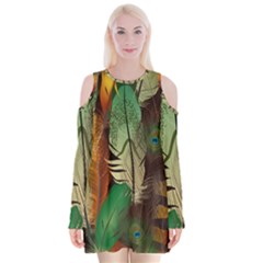 Feathers Realistic Pattern Velvet Long Sleeve Shoulder Cutout Dress by Vaneshart