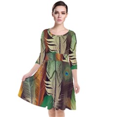 Feathers Realistic Pattern Quarter Sleeve Waist Band Dress