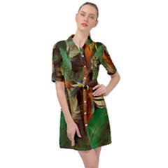 Feathers Realistic Pattern Belted Shirt Dress