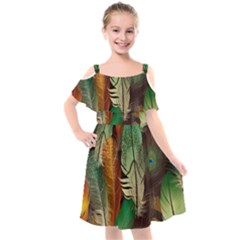 Feathers Realistic Pattern Kids  Cut Out Shoulders Chiffon Dress