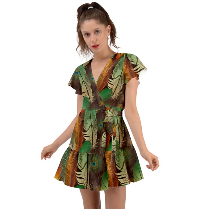 Feathers Realistic Pattern Flutter Sleeve Wrap Dress