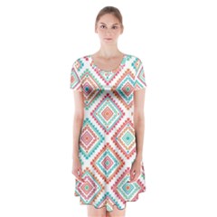 Ethnic Seamless Pattern Tribal Line Print African Mexican Indian Style Short Sleeve V-neck Flare Dress