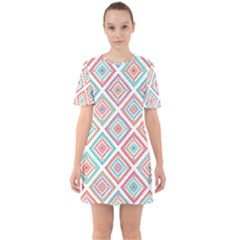 Ethnic Seamless Pattern Tribal Line Print African Mexican Indian Style Sixties Short Sleeve Mini Dress by Vaneshart