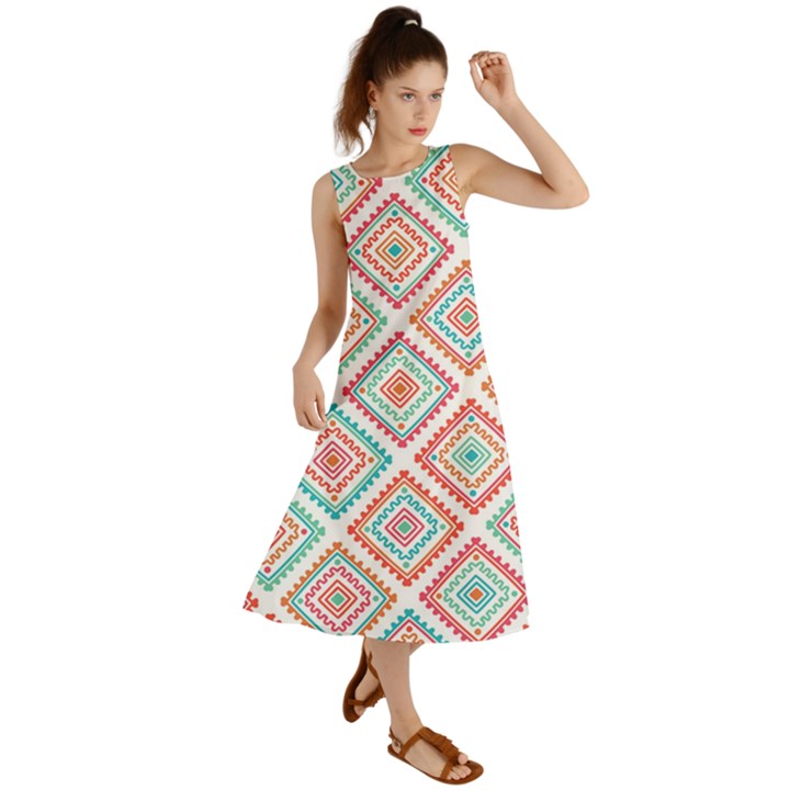 Ethnic Seamless Pattern Tribal Line Print African Mexican Indian Style Summer Maxi Dress