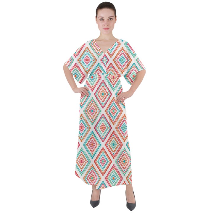 Ethnic Seamless Pattern Tribal Line Print African Mexican Indian Style V-Neck Boho Style Maxi Dress