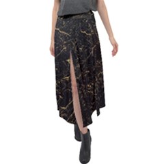 Black Marbled Surface Velour Split Maxi Skirt