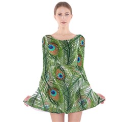 Peacock Feathers Pattern Long Sleeve Velvet Skater Dress by Vaneshart