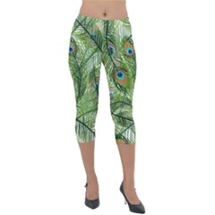 Peacock Feathers Pattern Lightweight Velour Capri Leggings  by Vaneshart